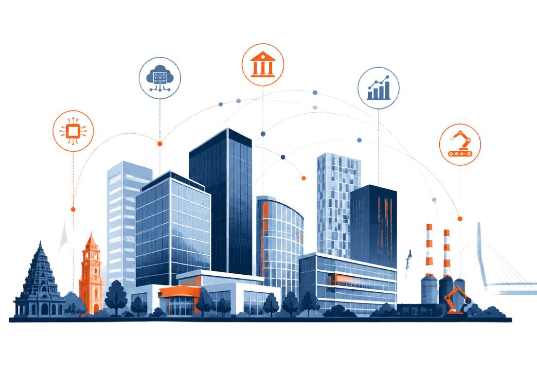 Illustration of the Chennai IT ecosystem with office towers, banking, manufacturing and analytics icons