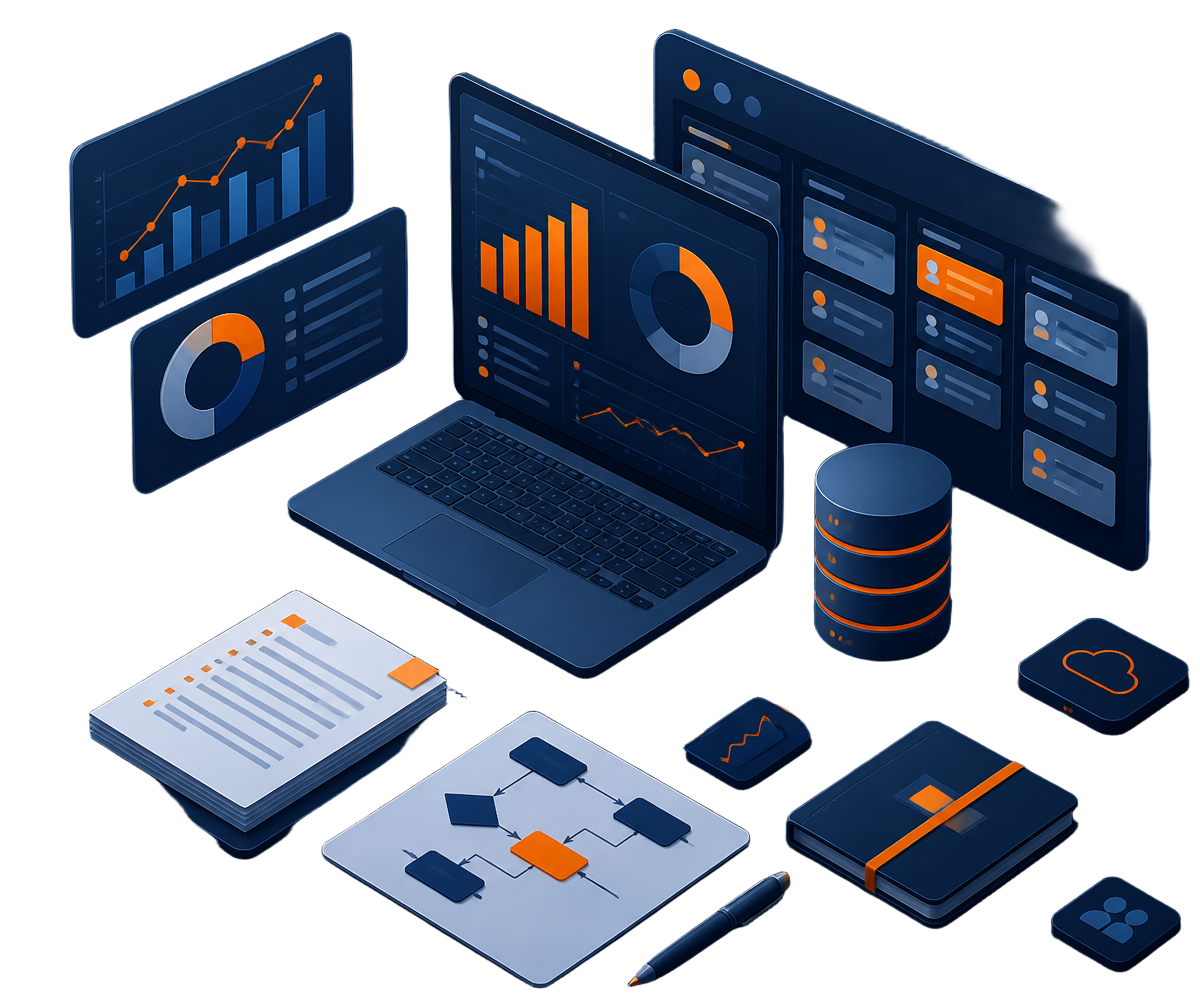 Business analyst workspace with analytics dashboard, SQL database, Power BI charts, requirement documents, flowcharts and an agile board